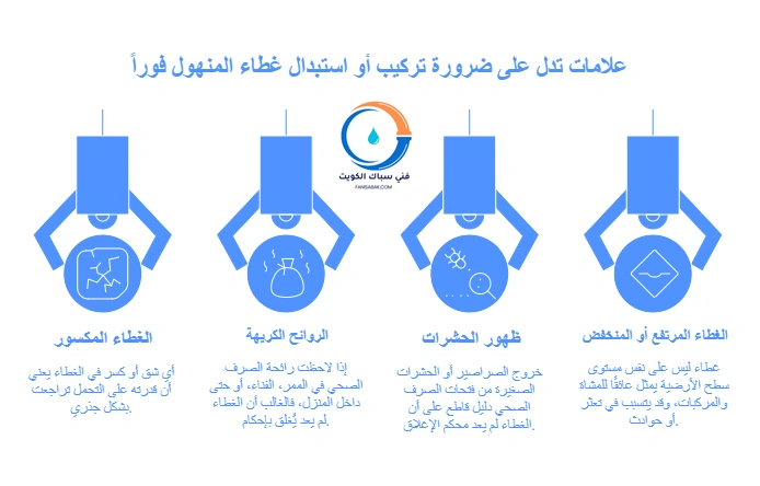 علامات تدل على ضرورة تركيب أو استبدال غطاء المنهول فوراً